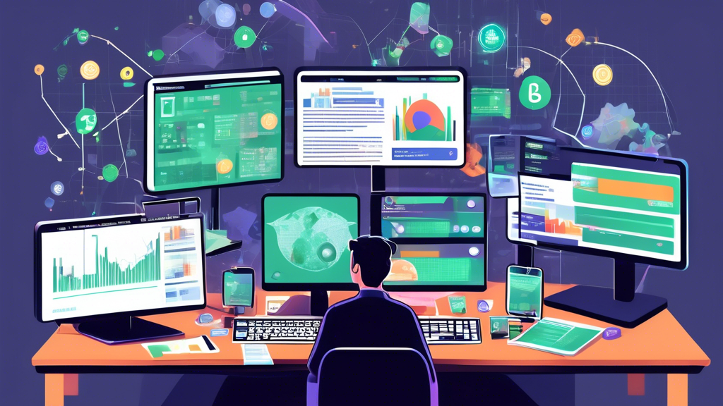 Create an image depicting a person using multiple computer monitors and mobile devices displaying popular crypto analysis tools such as CoinMarketCap and CoinGecko. The person is also surrounded by news articles and participating in online crypto discussion forums, visually emphasizing the engagement and research process. Add a background that includes modern financial graphs and blockchain illustrations for a comprehensive look at active crypto asset research.