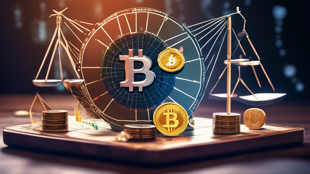 Create an image illustrating the concept of risk management and diversification in a crypto investment portfolio. The visual should include a balance scale with different cryptocurrencies (like Bitcoin, Ethereum, etc.) on one side and traditional financial symbols (like stocks, bonds) on the other. In the background, show graphs and charts indicating market trends and data analysis. Incorporate elements like a shield and a safety net to emphasize protection and risk mitigation in finance crypto investments. Highlight the words 