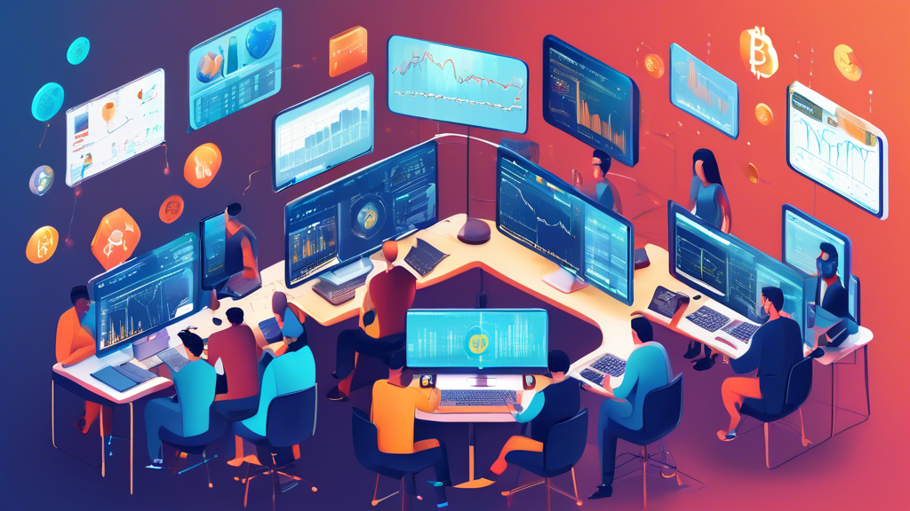 Create an image of a diverse group of people analyzing and discussing various aspects of crypto trading platforms. In the background, there are charts and graphs displayed on monitors, showing different performance metrics. Each person is using a different device (laptop, tablet, smartphone) to compare platform features. Highlight the theme of making informed decisions by including icons or symbols representing customer support, learning resources, and community engagement. Caption: Choosing the Best Crypto Trading Platform for Your Needs in 2023.