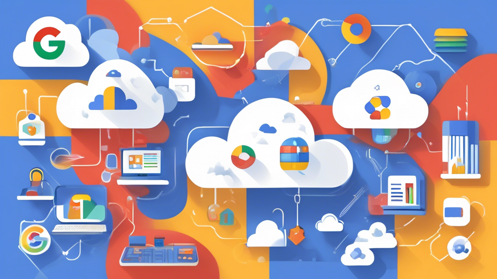 Create an image that showcases the diverse central services and products of the Google Cloud Platform. Illustrate key components like Compute Engine, App Engine, Kubernetes Engine, Cloud Storage, and BigQuery. Include visual elements that represent security and management tools such as identity management and network services, with a futuristic, tech-savvy design. Use Google Cloud branding and color palette to enhance authenticity.