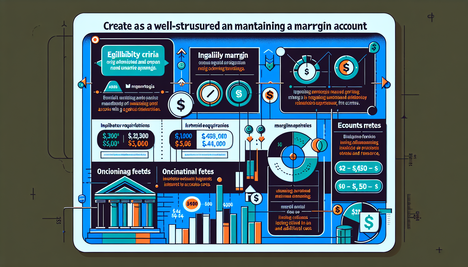 A detailed infographic illustrating the requirements and costs associated with opening and maintaining a Merrill Edge Margin Account. Include icons and text that highlight: eligibility criteria, initial margin requirements, ongoing account requirements, and a breakdown of the fee structure with specific emphasis on interest rates and additional costs. Use a clean, professional design with Merrill Edge