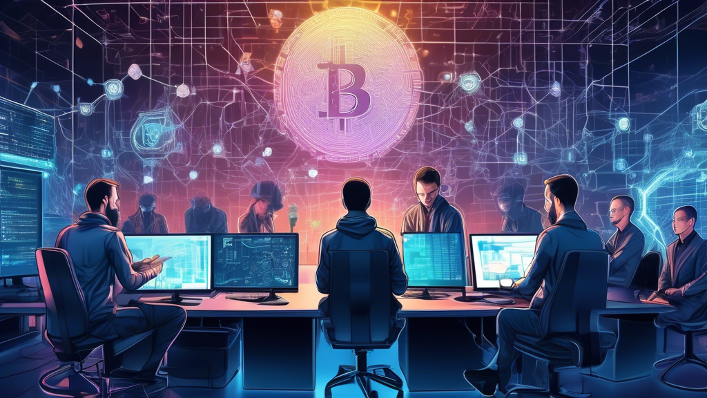 Create an image that portrays influential figures in the cryptocurrency space, such as Vitalik Buterin and an anonymous Satoshi Nakamoto, working on complex blockchain code. The background should feature a futuristic lab filled with advanced tech equipment, computer screens displaying blockchain networks, and holographic diagrams of innovative crypto projects. The atmosphere should emphasize innovation, collaboration, and the transformative impact of these leading developers on the entire crypto ecosystem.