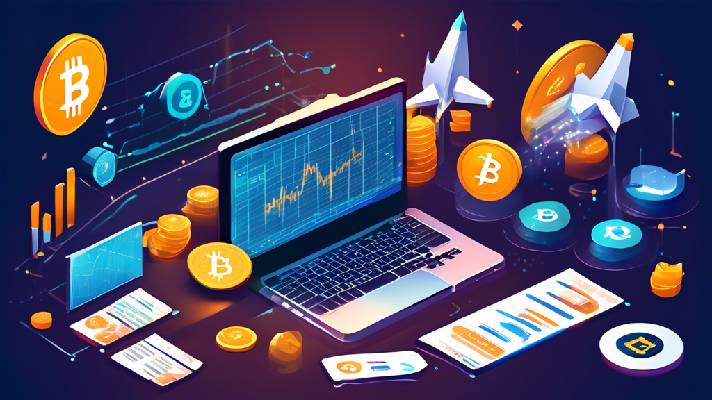 Create an image that illustrates a dynamic and modern investment scenario, highlighting various cryptocurrencies. The focal points should include popular coins like Bitcoin and Ethereum, as well as charts or icons representing market trends and analysis. The scene should also show a variety of tools and resources, such as graphs on a laptop screen, financial newspapers, and mobile apps with real-time crypto updates. The background should feature a sleek, professional setting to convey a strategic and informed approach to selecting the best cryptocurrencies to buy now.