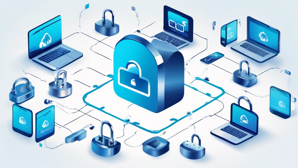 Create an image that shows a digital vault labeled iCloud protected by a padlock, surrounded by multiple devices such as smartphones, tablets, and laptops. Each device should have a shield icon to represent security, and there should be a representation of data encryption like binary code or locks. The overall theme should emphasize robust security and data protection features provided by iCloud.