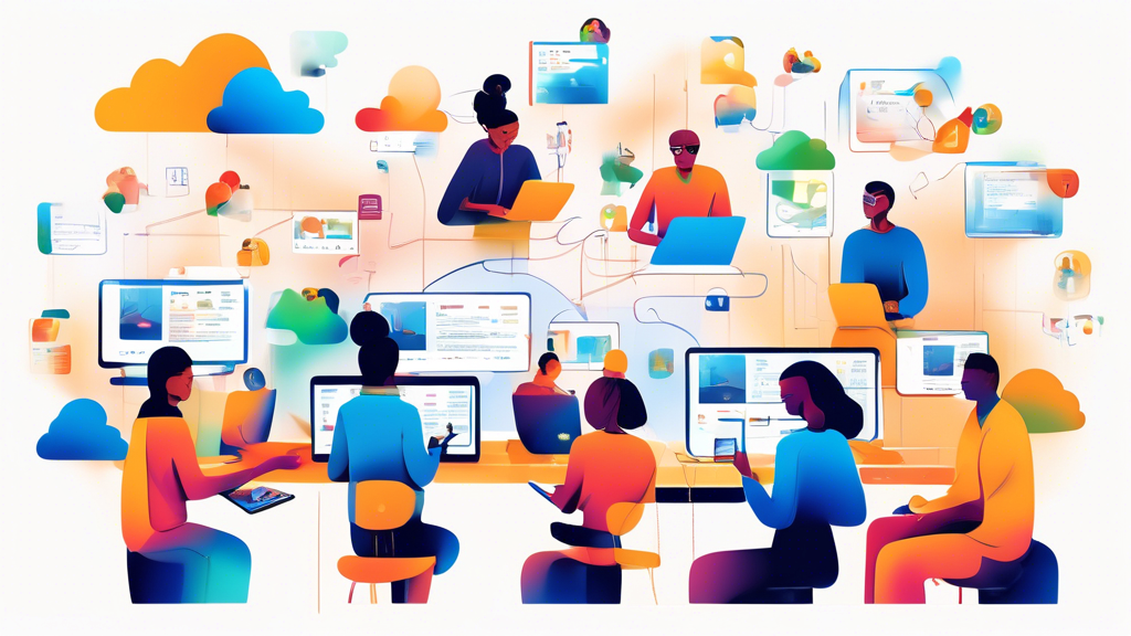 An illustration showcasing a team of diverse professionals working together seamlessly on various devices using iCloud. Highlight real-time document collaboration, with shared files being edited simultaneously on iPads, MacBooks, and iPhones. Emphasize the integration with Apple apps like Pages, Numbers, and Keynote, and depict a productive and harmonious digital teamwork environment.