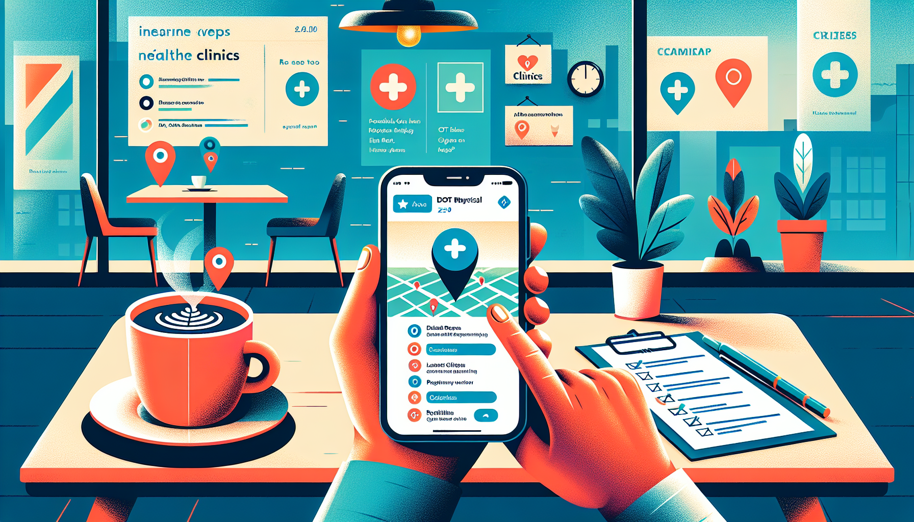 Digital illustration of a person using a smartphone app to search for nearby clinics offering DOT physicals, displayed as map pins on the phone screen, while sitting comfortably in a coffee shop with visible logos of well-reviewed healthcare providers and a checklist of credentials and prices on a nearby table.