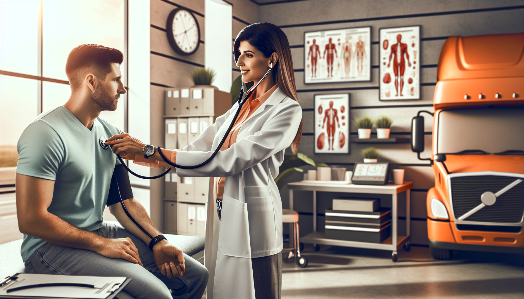 Prompt: Illustrate a scene inside a clean, organized medical office where a doctor is conducting a DOT physical examination on a truck driver. The image should capture the truck driver sitting on an examination table while the doctor checks his vital signs. Include details like a blood pressure cuff, a stethoscope, and medical charts on the walls. The setting should appear professional and welcoming, emphasizing a sense of readiness and thoroughness, reflecting the aspects of what to expect during a DOT physical.