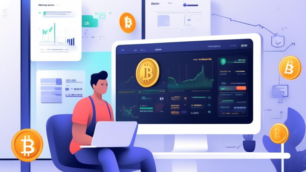 Create an image that shows a user setting up their cryptocurrency trading account on a reliable exchange platform. The user should be seen on their computer with the exchange’s interface on the screen, displaying charts and account setup options. In the background, include elements that represent deposits and withdrawals, such as bank icons, cash flow symbols, and digital wallets. Use a modern and technical design to convey the futuristic and digital nature of cryptocurrency trading.