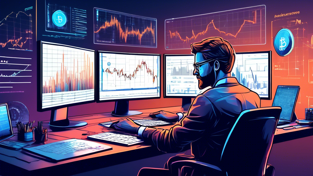 Create an image that depicts an individual analyzing market trends and data on multiple monitors. The background should include graphs, charts, and various cryptocurrency icons (like Bitcoin, Ethereum, etc.). Show the person focused and taking notes, illustrating the intensity and detail-oriented nature of successful cryptocurrency trading.