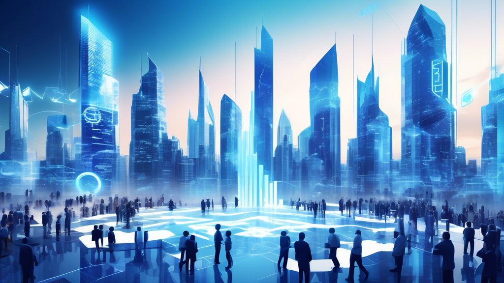Create an image of a futuristic cityscape with digital elements overlaying real-life buildings, symbolizing the integration of advanced technology and finance. In the foreground, showcase a group of diverse professionals collaborating and shaking hands, representing strategic partnerships and collaborations. Highlight the logo of Blaze Finance prominently in the scene to emphasize its influence and potential impact on the crypto market.