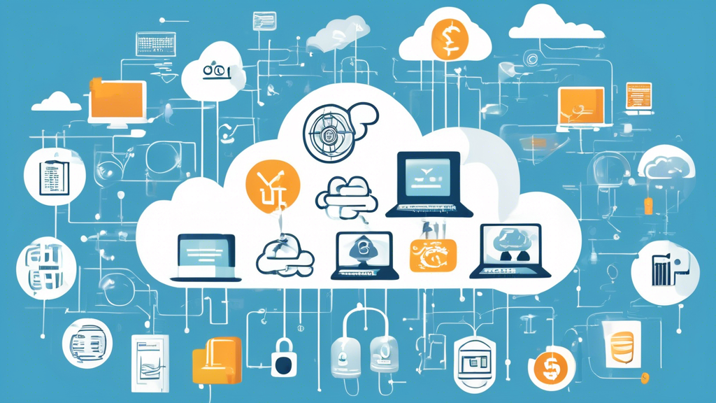 Create an image illustrating the various advantages and challenges of cloud computing for the IT sector. The scene should include symbols of cost efficiency (e.g., dollar signs, graphs showing reduced expenses), scalability (e.g., expanding servers or cloud icons), security concerns (e.g., padlocks, warning signs), and flexibility (e.g., adaptable networks or devices). The background should depict a modern digital environment with servers and cloud symbols, highlighting the complexity and dynamic nature of cloud services.

Keyword: cloud computing.