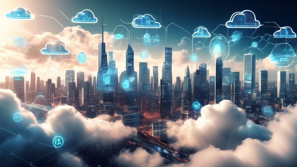 Create an image of a futuristic cityscape where advanced cloud computing technologies are seamlessly integrated into everyday life. Show elements such as floating digital clouds in the sky representing Multi-Cloud strategies, high-tech infrastructure powered by Edge Computing, and various holographic interfaces indicating innovative cloud services. Highlight the importance of Cloud Computing in driving digital transformation and the next industrial revolution (Industrie 4.0). Add a mix of people interacting with these technologies in public spaces, portraying a harmonious blend of technology and daily life.