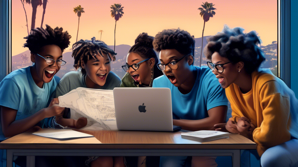 DALL-E prompt for an image related to outline point #3:

A diverse group of young, aspiring screenwriters excitedly gathered around a laptop, reviewing a list of emerging screenwriting contests. The screen displays logos of BlueCat, Shore Scripts, and WeScreenplay competitions. In the background, a Hollywood sign is visible through a window, symbolizing their dreams of breaking into the industry.