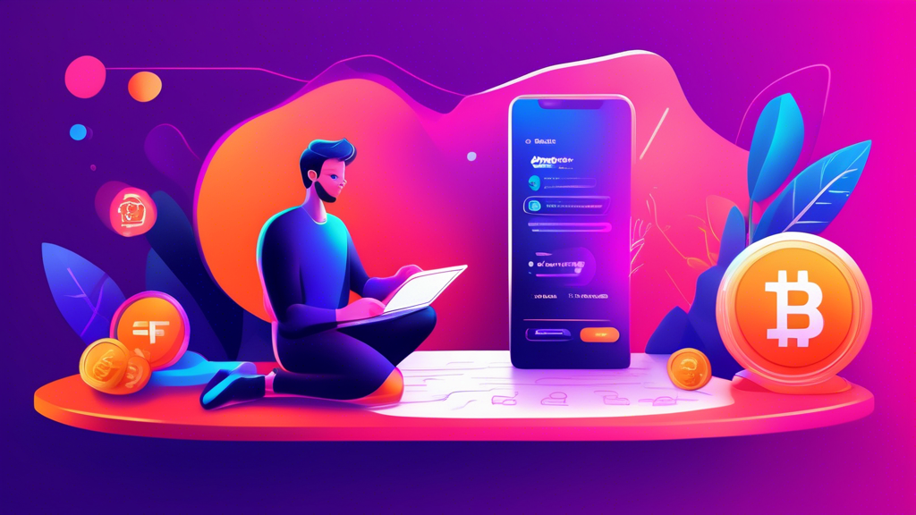 Create a digital illustration depicting a person going through the step-by-step process of signing up for FTX Crypto. Showcase key steps such as setting up an account, completing KYC verification, and making the first trade. Highlight user-friendly interfaces, security features, and success notifications to illustrate a smooth experience. Use a modern, sleek design with vibrant colors to make the guide visually engaging.