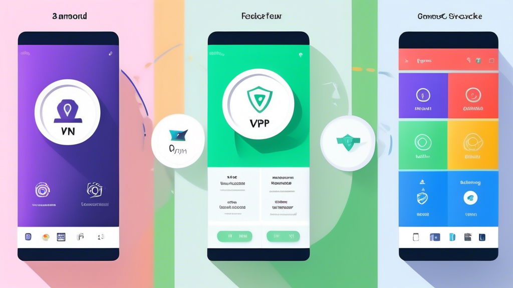 Create an image showcasing the best free VPNs for Android in 2023. The image should display multiple smartphone screens with the interfaces of various VPN applications open. Incorporate visual elements like comparison charts, user reviews from Google Play Store, and feature icons to highlight key aspects like security, speed, and reliability. The setting should be modern and tech-savvy, evoking a sense of advanced technology and user satisfaction.