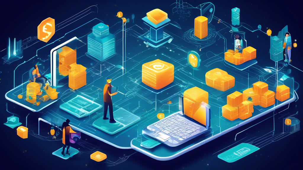 Create a detailed illustration showcasing the impact of blockchain on financial services. The image should depict various transformative applications such as smart contracts and cryptocurrencies, and highlight real-world use cases like payments, lending, and asset management. Include visual elements to represent innovations in DeFi, such as yield farming, staking, and decentralized exchanges (DEXs). Use a futuristic and tech-savvy style to emphasize the modern revolution in finance.