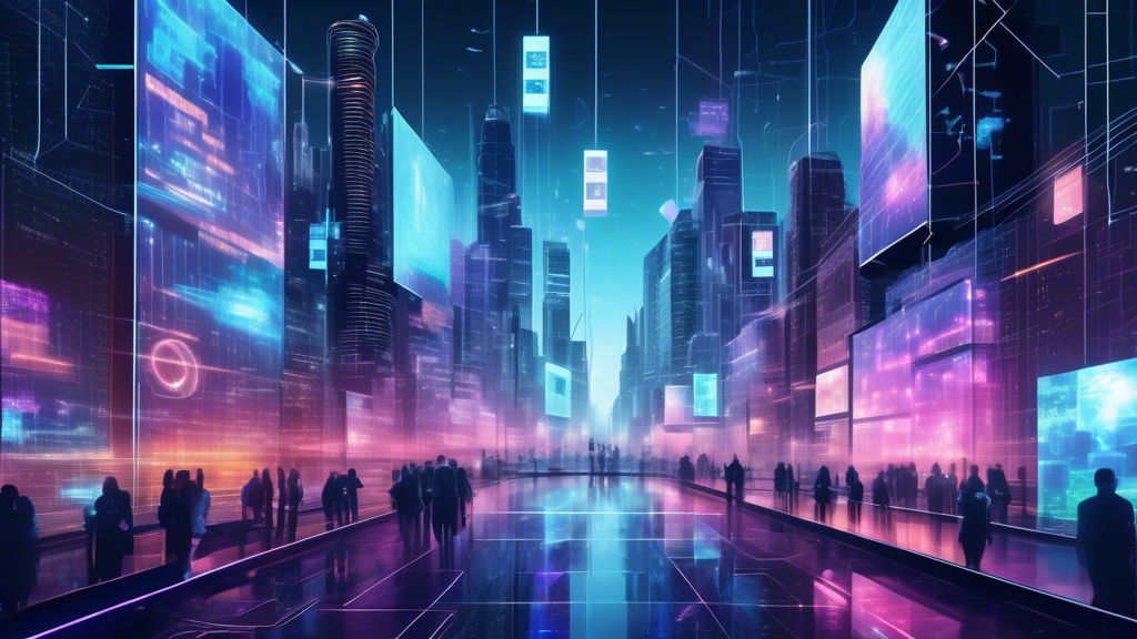 Create an image that depicts the challenges and potential of blockchain and decentralized finance. The scene features a futuristic cityscape where digital and holographic billboards display various blockchain and DeFi applications. On one side of the city, there are visual representations of common challenges like security breaches as dark, glitchy areas. Conversely, the other side portrays the vast opportunities and growth: bright, flourishing areas showcasing futuristic buildings made of digital blocks and thriving financial markets. The skyline should include elements like regulatory symbols, such as scales of justice, and arrows pointing upward to symbolize future growth.