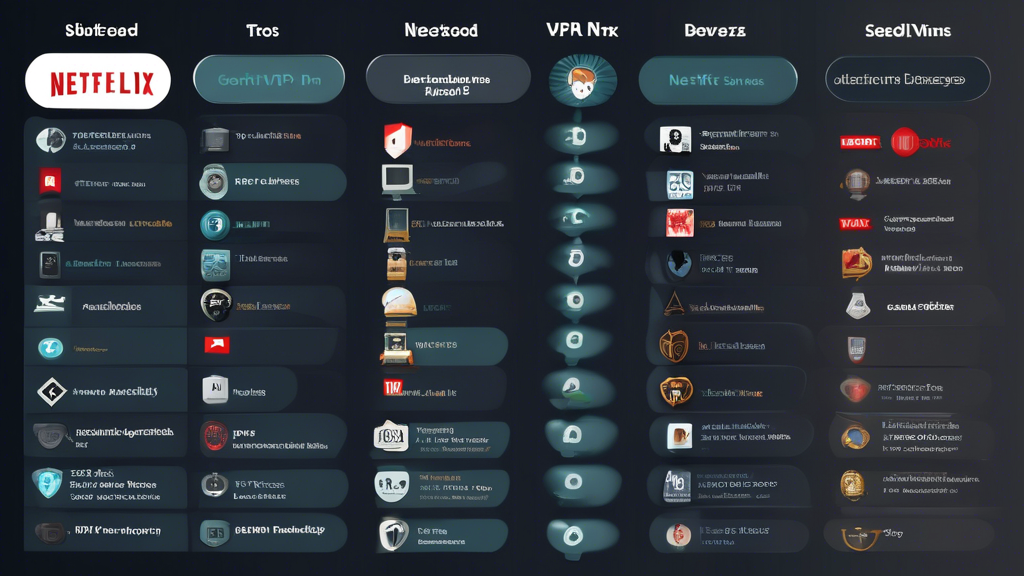 Generate an image featuring a comparison chart showcasing Top Free VPNs for Netflix. The chart should include detailed reviews, key features such as speed, security, server availability, and usability, and list the pros and cons for each VPN service. The background should subtly reflect the concept of streaming and security, perhaps incorporating icons like a shield and a play button. The overall design should be clean and easy to read.