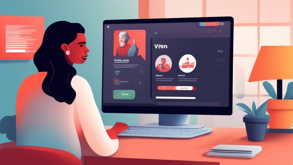 Create a detailed digital illustration showing a user-friendly step-by-step guide for setting up a free VPN for Netflix streaming. The image should depict a person sitting at a desk with a laptop, going through the process of downloading and installing a VPN app. Include visual elements like pop-up tips, a search bar for selecting optimal servers, and icons representing troubleshooting common issues and enhancing streaming quality. The overall style should be clean, modern, and easy to understand.