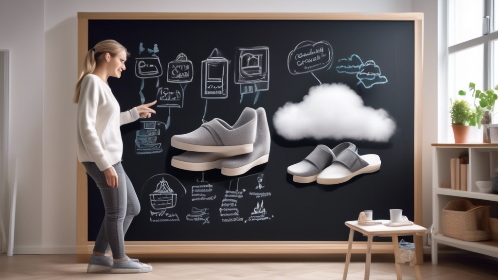 Create an image of a person in a cozy home environment, holding a pair of Cloud Slides shoes. The focus is on the shoes, with detailed tips on a chalkboard or whiteboard in the background that cover Größe, Passform, Material for selection, and Pflege und Reinigung for maintenance. Also include recommendations for various brands of Cloud Slides displayed stylishly on shelves around the room.