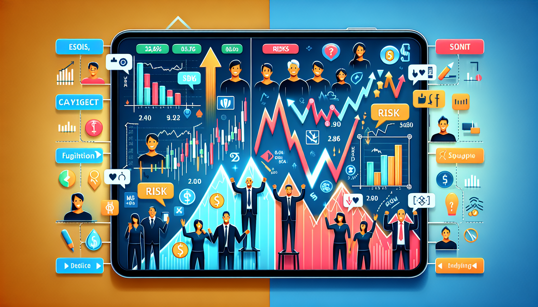 **DALL-E Prompt:** 

Create an image depicting the benefits and risks of margin investing on the Robinhood app. The scene should be a split-screen on a digital device like a tablet or smartphone. On one side, show the potential for amplified returns with upward-trending stock graphs, symbols of money growth, and happy investors. On the other side, illustrate the risks with symbols like fluctuating stock graphs, high interest rates, warning icons, and stressed investors. The background should incorporate elements like the Robinhood logo and an intuitive, user-friendly app interface.