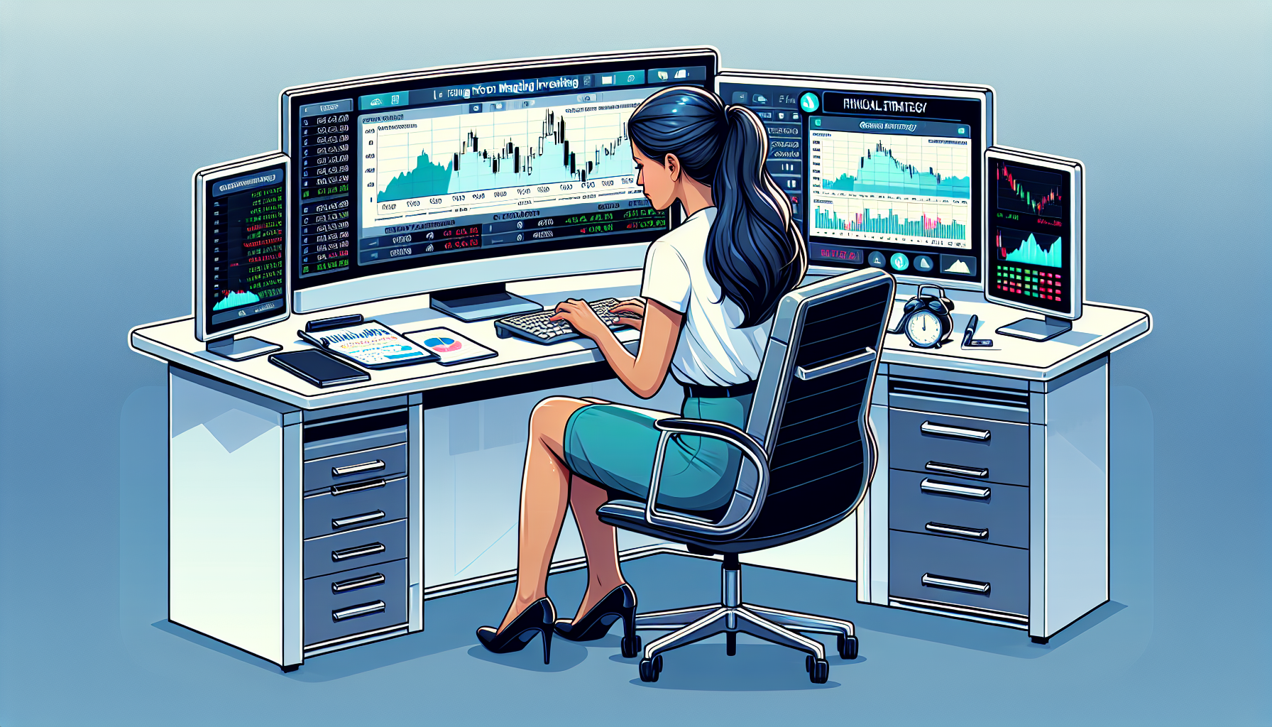 Prompt: An investor at a sleek, modern workstation, with charts and graphs displayed on multiple monitors, meticulously setting investment goals on Robinhood for margin investing. The scene includes visual elements like a financial strategy notepad, stock portfolio tracking with historical performance graphs, and a 