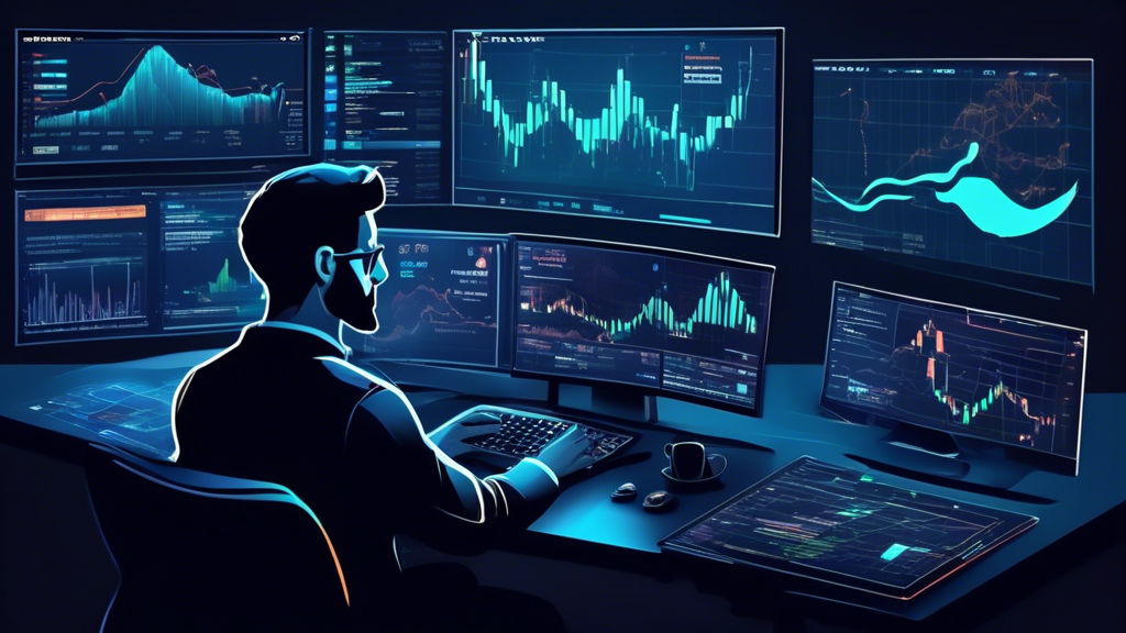 Create an image that illustrates various advanced trading features on Kraken Crypto, focusing on margin trading, futures, and staking. The scene should include a professional trader using a multi-screen setup, with graphs and charts representing different market analyses. Add visual elements signifying strong security practices, such as a padlock icon, to emphasize account protection. The background should depict Kraken