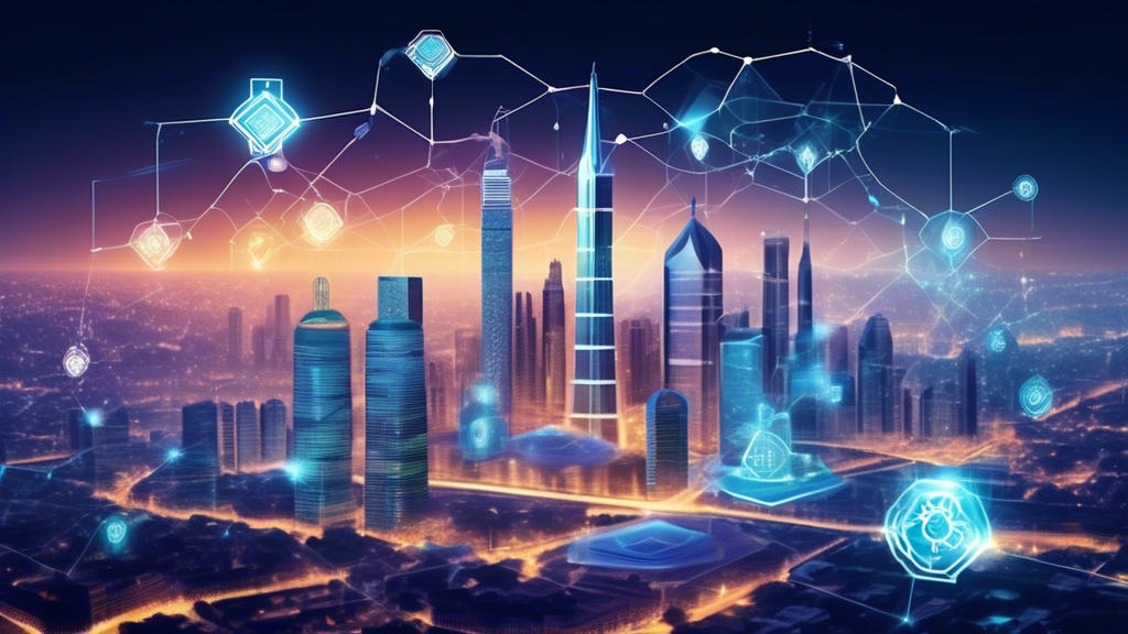 Create an image that depicts the transformative potential of blockchain technology on the future growth of Islamic finance. Showcase a futuristic cityscape where financial institutions are seamlessly integrated with advanced blockchain technologies. Illustrate diverse, underserved Muslim communities engaging in financial activities through mobile devices and blockchain platforms. Include visual elements representing transparency, security, and decentralizing features. Highlight holographic interfaces showing crypto transactions and Shariah-compliant financial services to convey innovation and inclusivity of the next decade’s economic outlook. Keywords: blockchain and islamic finance.
