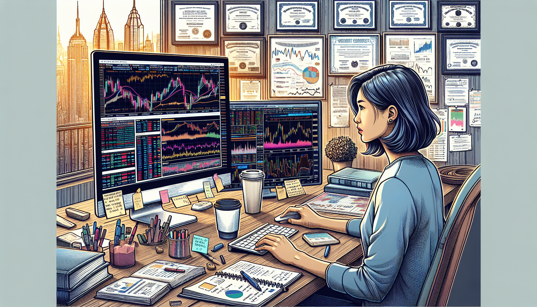 A detailed illustration of a sophisticated trader