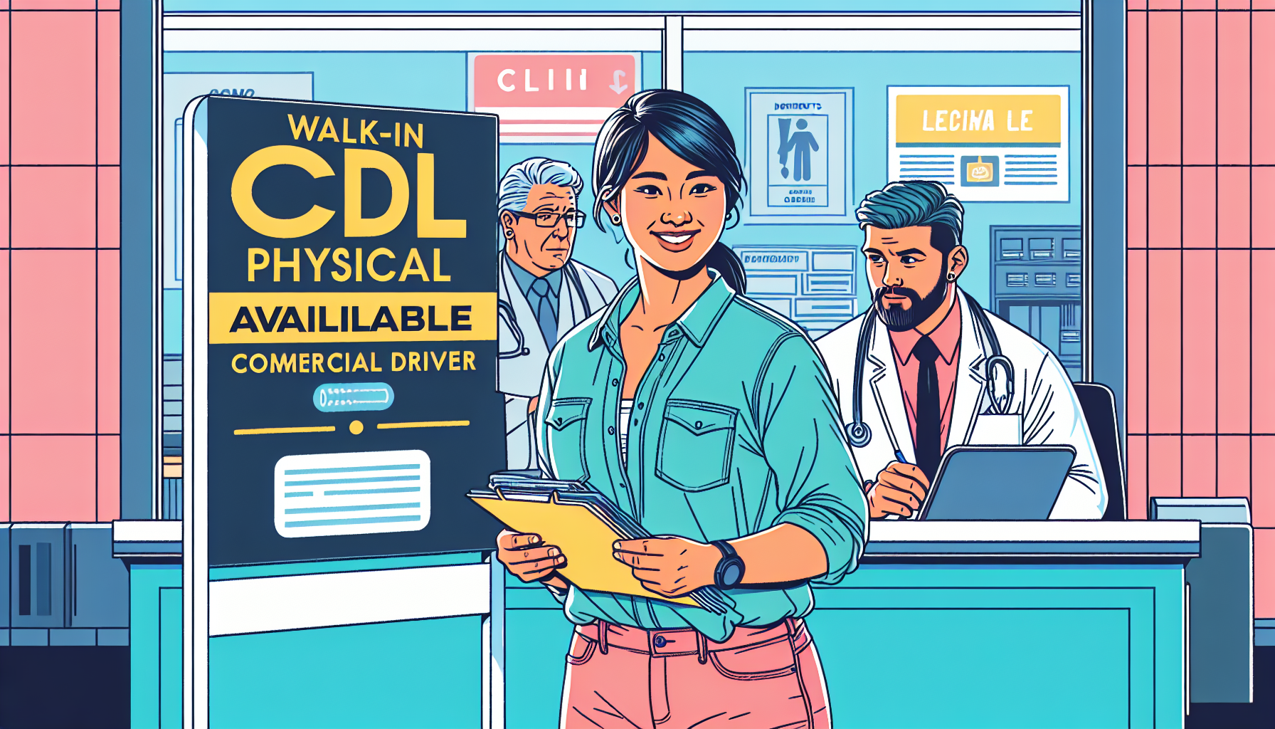 An image depicting a commercial driver organizing documents and preparing for a CDL physical exam at a clinic counter, with clear signs indicating 