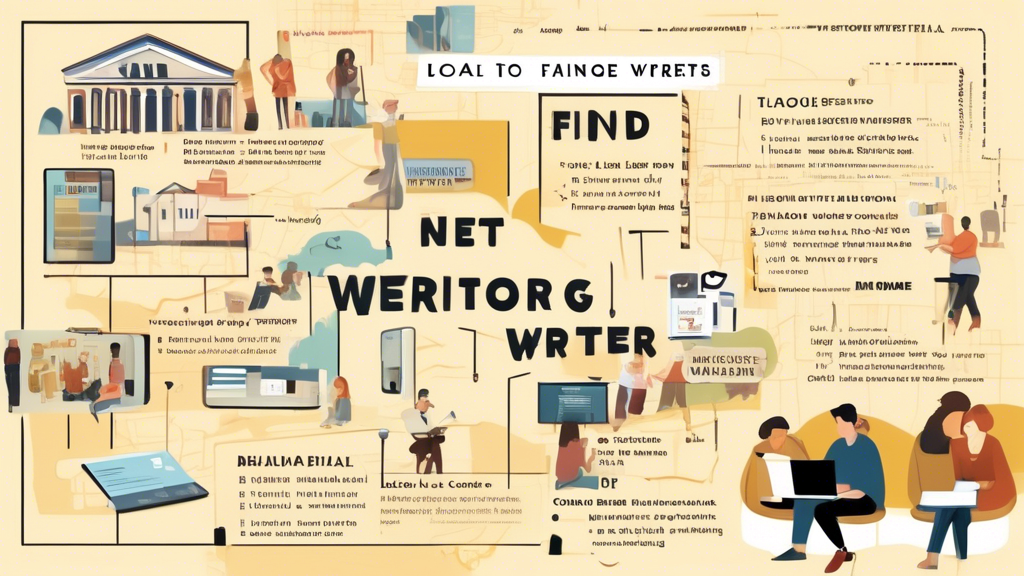 DALL-E prompt for an image related to outline point #2 (How to Find Script Writers Near Me):

A collage-style image showcasing various ways to find local script writers. The image should include a laptop displaying an online directory, a bustling film festival scene with networking individuals, a university campus building, and a local theater marquee. Each element should be connected by a golden pen or quill, symbolizing the writing profession. The overall composition should have a warm, community-oriented feel with a subtle map overlay of a neighborhood in the background.