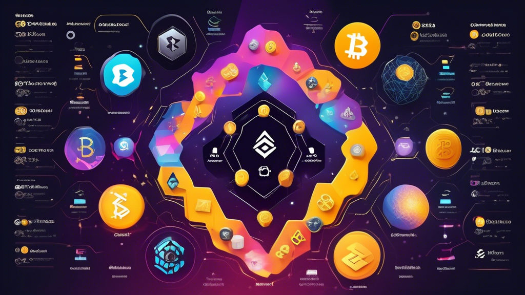 Create an image featuring a comparative landscape of the prominent crypto ecosystems with their unique attributes. The scene should include Binance Smart Chain, Polkadot, and Solana as major players. Each ecosystem can be represented by its logo and specific characteristics: Binance Smart Chain with seamless DeFi apps, Polkadot with interconnected blockchains, and Solana with high-speed transactions. The background could include emerging and niche ecosystems like a bustling, diverse city landscape to signify innovation and growth. Use an infographic style to highlight the diversity and specific attributes of these crypto ecosystems.
