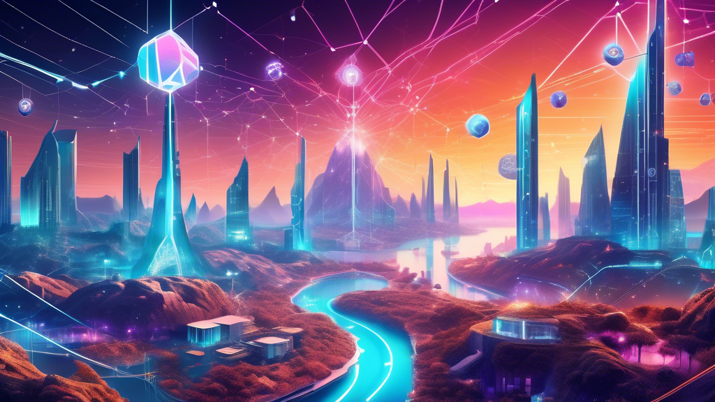 Prompt: Create an image depicting a futuristic digital landscape with interconnected and diverse crypto ecosystems. Show various blockchain technologies (like Ethereum, Polkadot, and Solana) represented as glowingly interconnected pathways leading to a bright horizon, symbolizing future trends and evolving dynamics. Include elements of innovation, technological advancements like quantum computing or AI, and regulatory symbols like a balanced scale or gavel, illustrating the potential impacts and challenges in the crypto world.