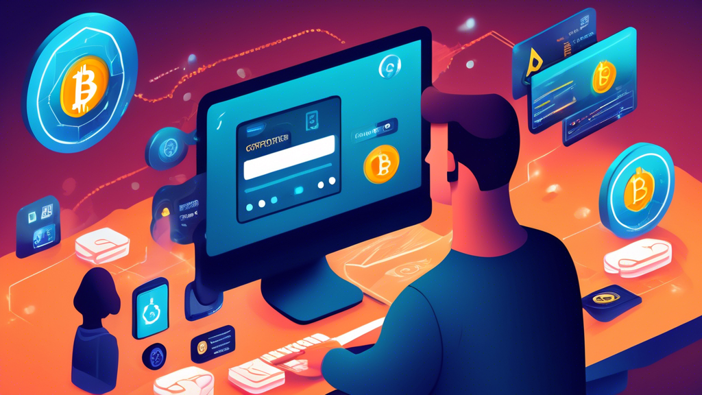 Create an illustration that shows a person securely buying cryptocurrency using a debit card. The scene should display a computer screen with a crypto exchange platform open, highlighting security features like two-factor authentication and encryption symbols. Icons representing various cryptocurrencies like Bitcoin, Ethereum, and Litecoin should be visible. Include visual cues for understanding fees, such as a small icon showing a transaction fee calculator, alongside warning signs about common scams and pitfalls, such as phishing emails and fake websites. The overall tone should communicate safety, awareness, and informed decision-making.