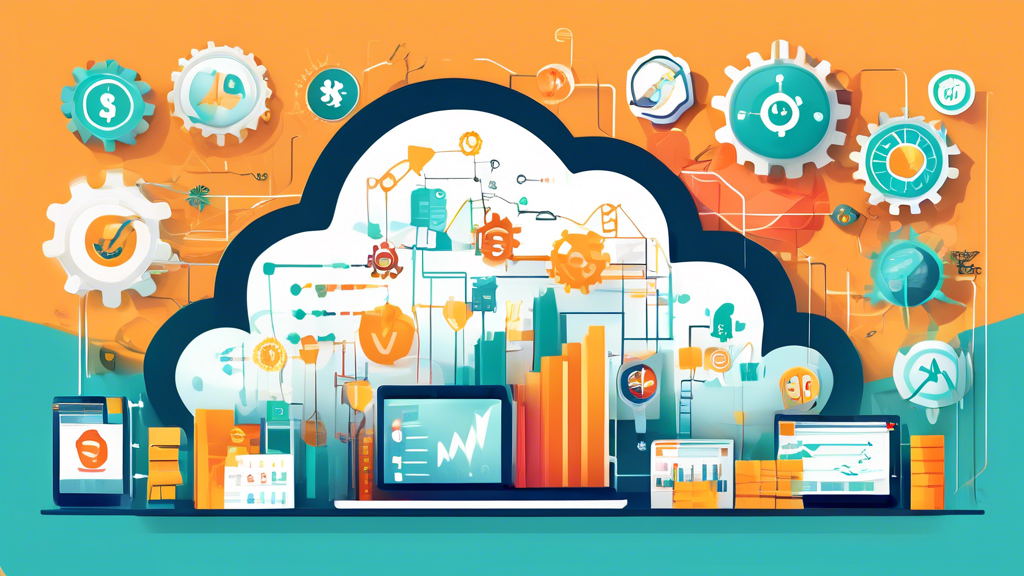 Create a detailed illustration showing the various economic and operational benefits of SaaS (Software as a Service) for businesses. Depict cost savings with flexible payment models, scalability with adjustable services, and simplified maintenance with automatic updates. Include visual elements like dollar signs, scalable graphs, cloud icons, gears, and update arrows to emphasize these advantages.
