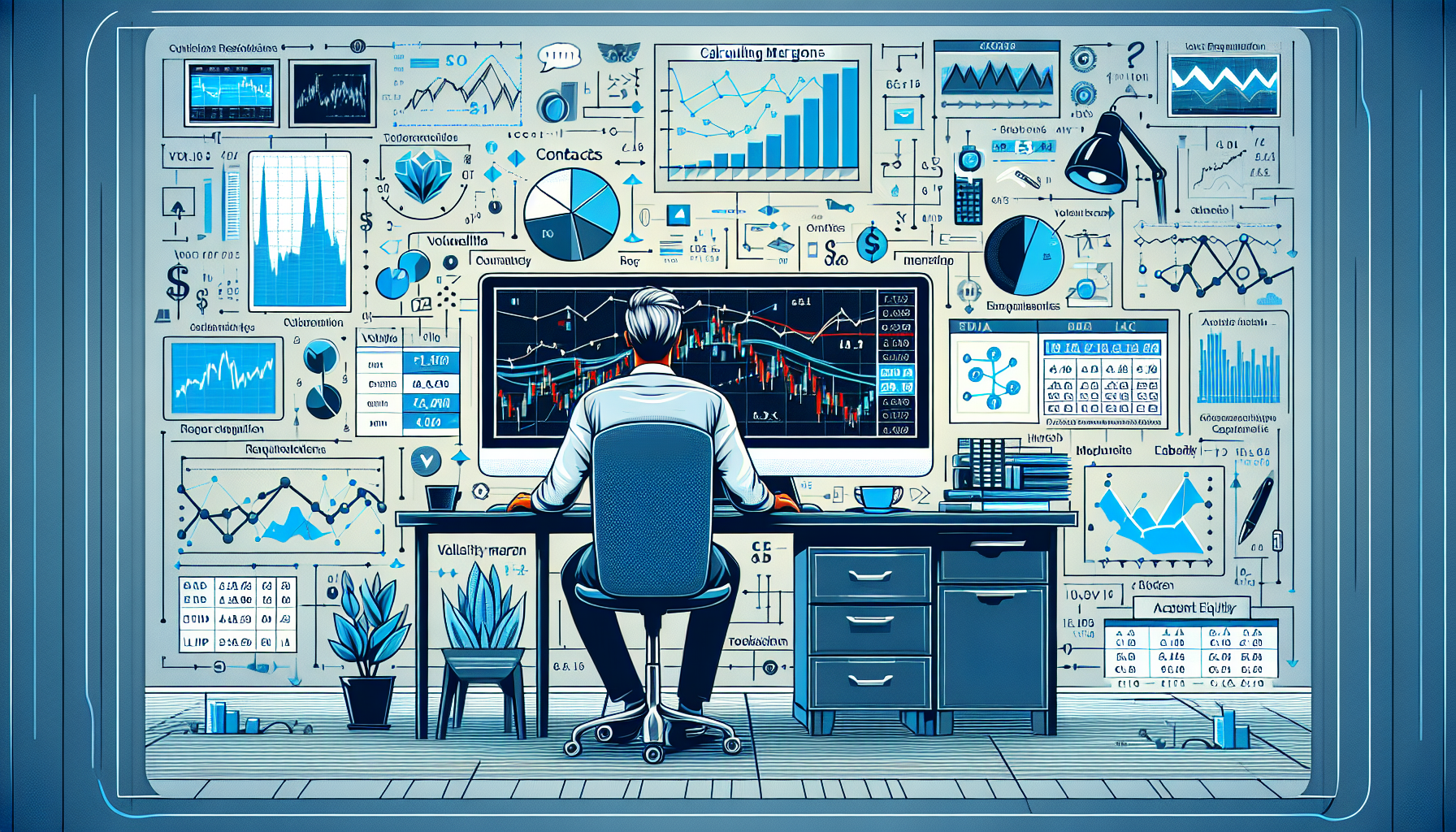 Create an image that captures a step-by-step guide to calculating TradeStation future margins. The image should depict a person sitting at their computer, with the TradeStation platform open on the screen. The screen should show various financial graphs, numbers, and tools used for margin calculation. Surrounding the main character, include visual elements representing factors influencing margin requirements: icons for volatility, contract specifications, and account equity. Ensure the scene reflects a clear and methodical workspace, with helpful on-screen hints or formulae visible, to emphasize the process of calculating margins. Use a modern, professional financial trading environment as the background.