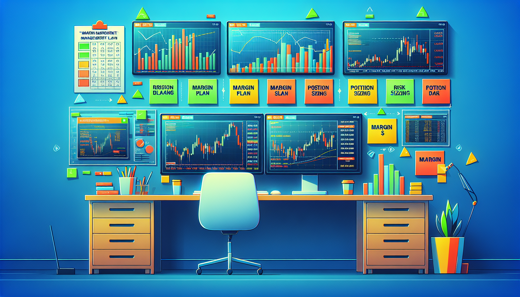 Create an image depicting a modern trading desk with multiple monitors displaying TradeStation