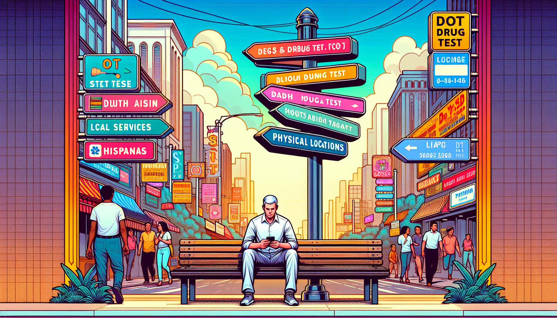 DALL-E: Create an image of a busy urban setting with multiple signboards. One large signboard at the foreground displays directions to various local services, prominently featuring a bright, easy-to-read sign saying 