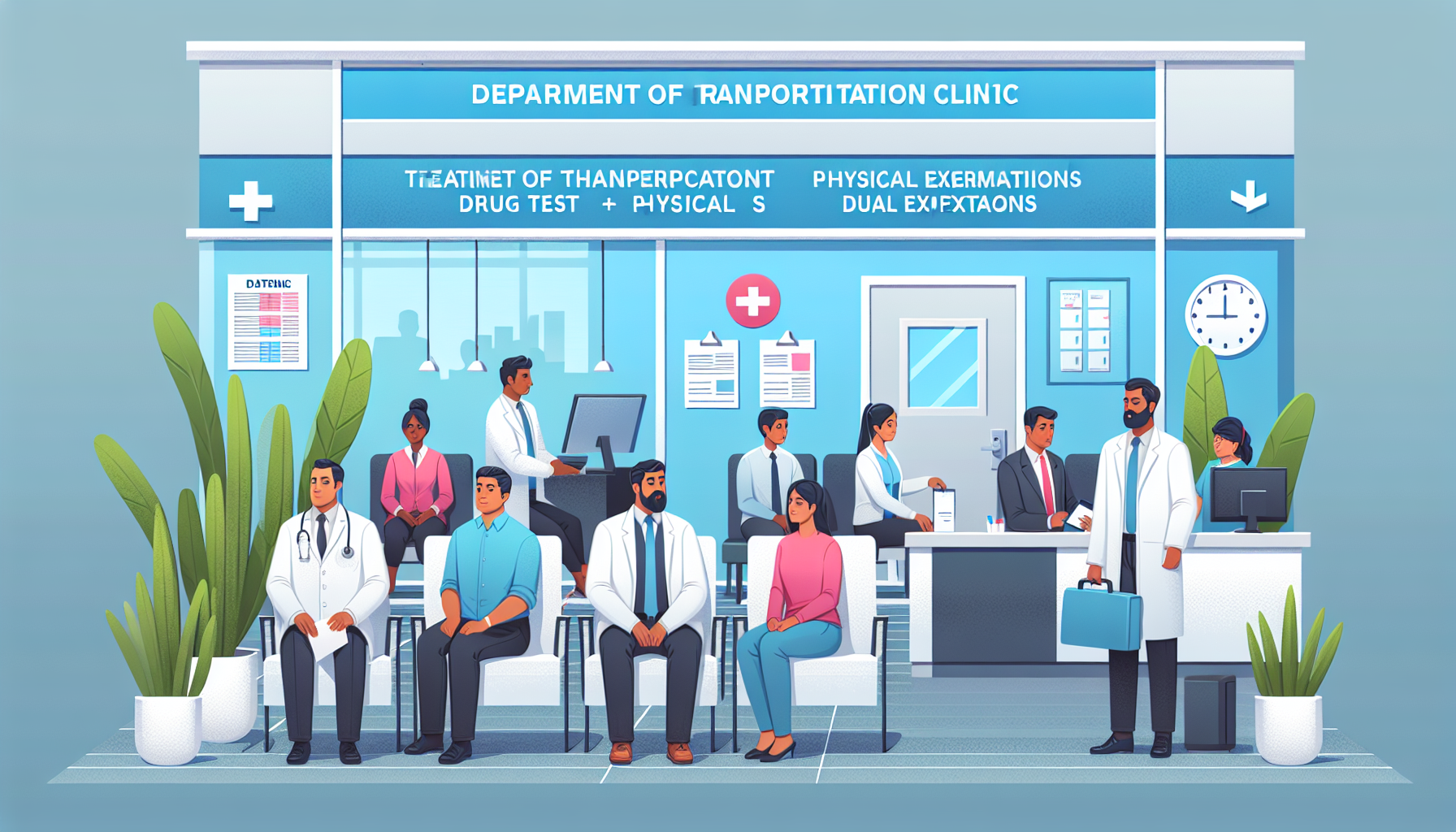 An inviting and modern medical clinic waiting room filled with people of various professions, like truck drivers and bus operators, waiting for their DOT drug test and physical. Visualize a calm and professional environment, with clear signage indicating different sections for drug testing and physical exams. Include a friendly receptionist assisting a new patient, and medical staff in lab coats preparing testing equipment.