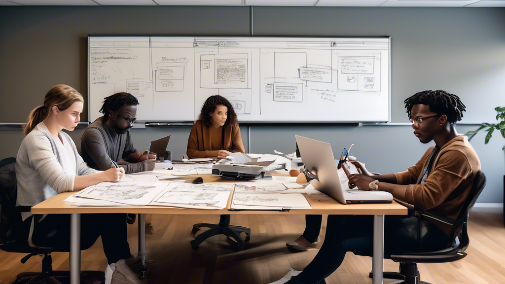 DALL-E prompt for an image related to outline point #2:

A split-screen image showing four diverse screenwriters collaboratively working on a single script. On the left side, two writers are sketching a storyboard on a large whiteboard, while on the right side, the other two are typing on laptops. In the center, connecting all four sections, is a glowing, translucent screenplay page with the words WE SCREENPLAY prominently displayed. The scene should convey unity, creativity, and teamwork.