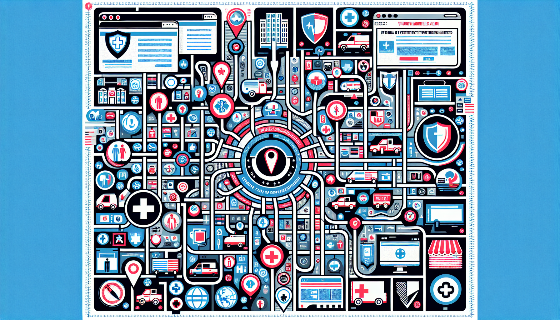 Visualize an organized vicinity map showing multiple clusters of icons representing clinics and hospitals offering DOT physicals, interspersed with internet browser windows displaying user-friendly online tools such as the FMCSA