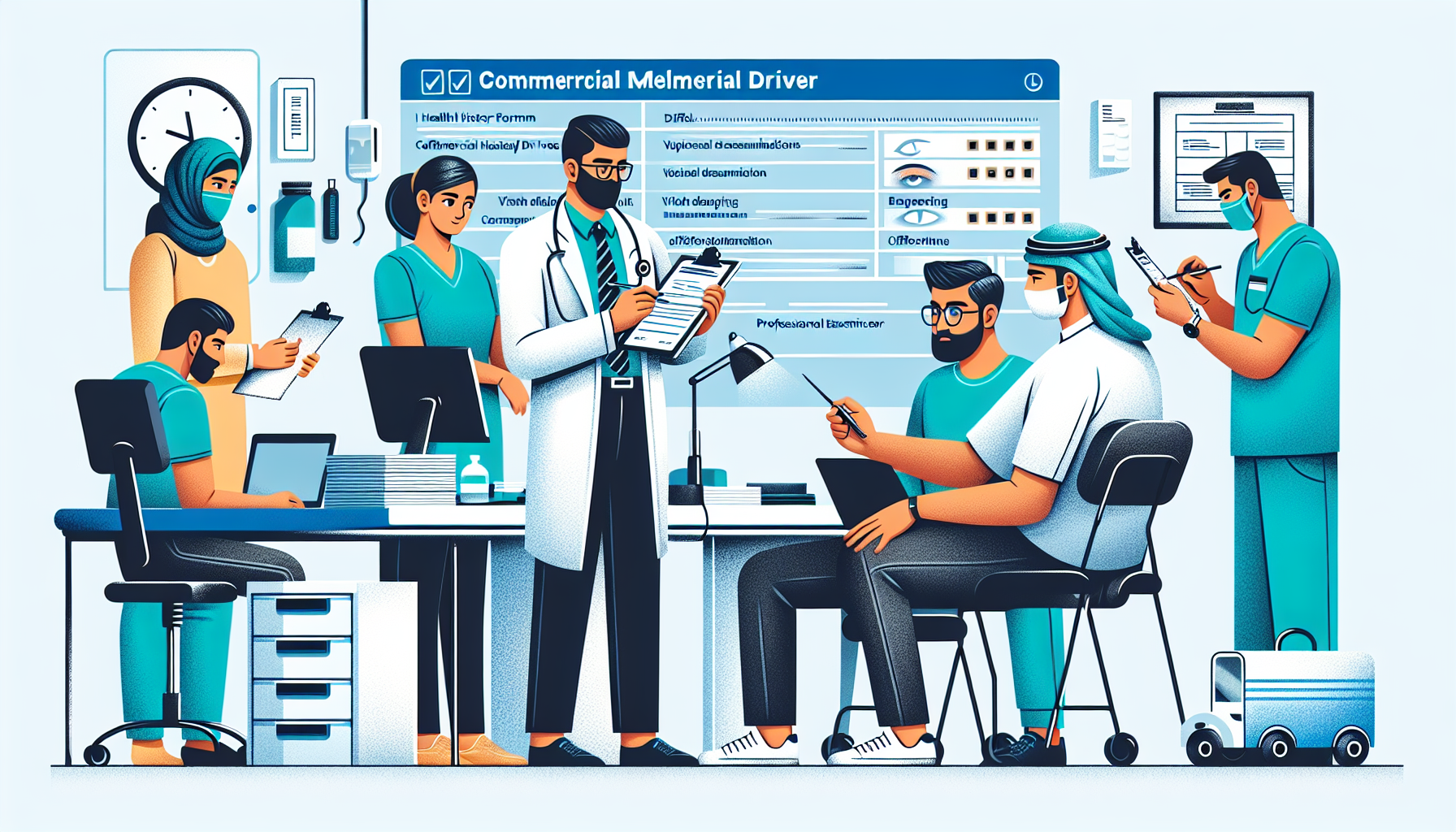 Visualize your DOT Physical: An illustrated guide showing a commercial driver at a medical clinic, filling out his health history form before undergoing various tests like vision and hearing screenings conducted by a professional examiner. Include details like preparing necessary documents and a calm, supportive environment.