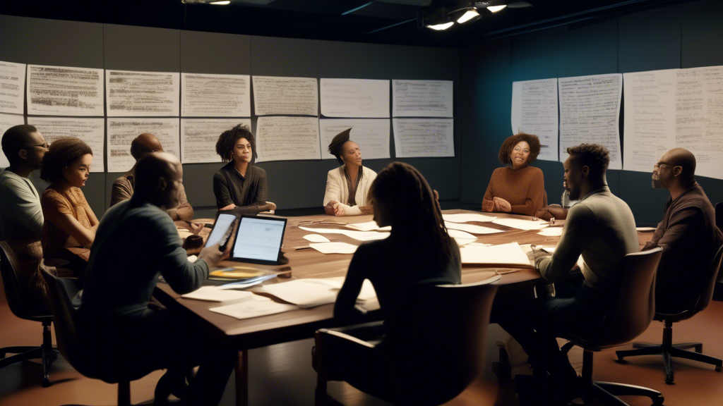 DALL-E prompt for an image related to outline point #3:

A cinematic image of a diverse group of writers collaborating around a large table covered in script drafts, with industry professionals offering feedback. In the background, various screens display different mediums like film, TV, and theater, symbolizing script adaptation. The scene is well-lit, emphasizing a professional masterclass environment.