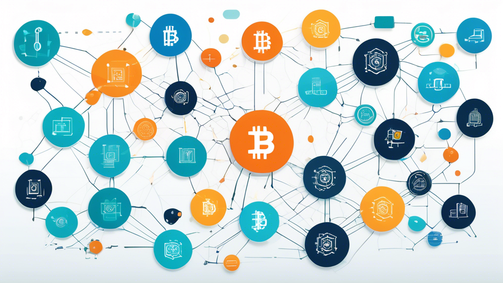 Create an image that visually demonstrates the key benefits of blockchain in financial operations. Show a digital network with blockchain nodes symbolizing enhanced security for financial transactions. Integrate graphics showcasing efficiency improvements and cost reductions, like coins and speed arrows. Include elements that convey trust and fraud reduction, such as a digital lock and interconnected nodes forming a secure, transparent network within the financial industry. Keywords: blockchain, financial operations, security, efficiency, trust, transparency.