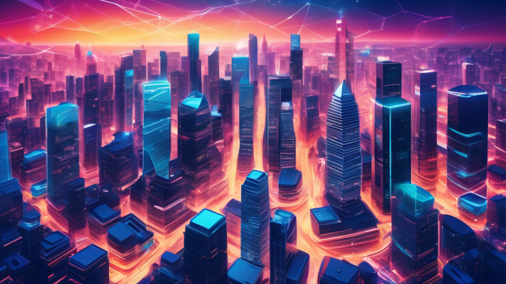 A vibrant scene of a bustling modern city financial district, where banks, investment firms, and payment institutions are visually interconnected by dynamic blockchain networks. Highlight real-world examples such as a bank utilizing a blockchain-based system for secure transactions, an investment firm employing smart contracts for automating agreements, and a payment service company using crypto-assets for online transactions. Futuristic elements suggest the forward-looking potential of blockchain transforming traditional financial services, with digital ledgers and decentralized networks seamlessly integrating into the core of financial com operations.