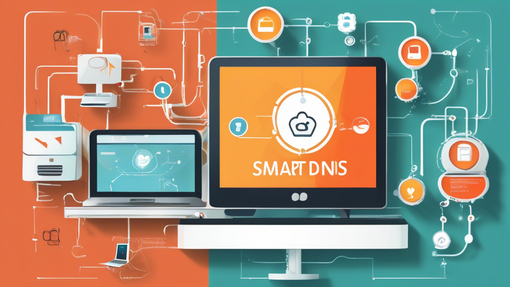 Create an image illustrating the steps to set up a Smart DNS on various devices like a PC, smartphone, and Smart TV. Show a user-friendly guide with labeled diagrams and icons for each step, ensuring to highlight tips for choosing the best Smart DNS provider and troubleshooting common issues. Incorporate visual elements that represent connectivity and security, with a sleek and modern design.