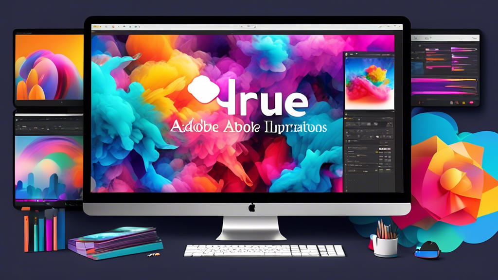 Create an image that illustrates the vibrant and dynamic tools available in Adobe Cloud, showcasing a variety of creative applications (like Adobe Photoshop, Illustrator, and Premiere Pro) seamlessly integrated on a computer screen. The background should feature a collaborative office environment where people are working together on different devices, highlighting efficient and innovative project management, and creative workflows. Emphasize productivity and creativity through colorful imagery and modern design elements.