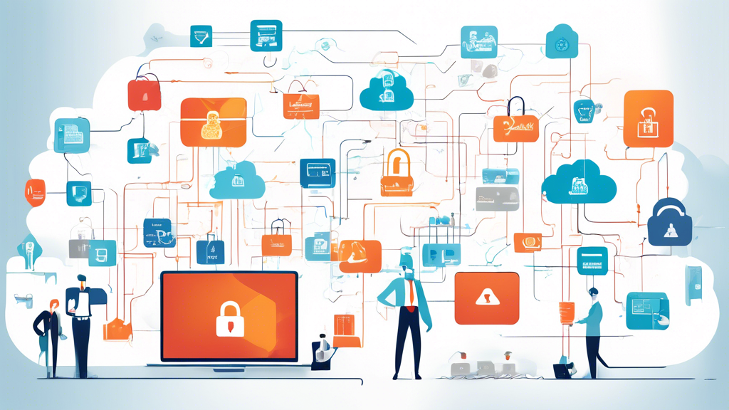 A digital diagram illustrating the Adobe Cloud environment in a corporate setting: Secure data management represented by a padlock and storage icons, seamless sharing with collaboration symbols like interconnected people and devices, and compliance depicted via checkmarks and regulation documents. The background should have a professional office setting with desktops showing different Adobe applications, emphasizing the keywords 