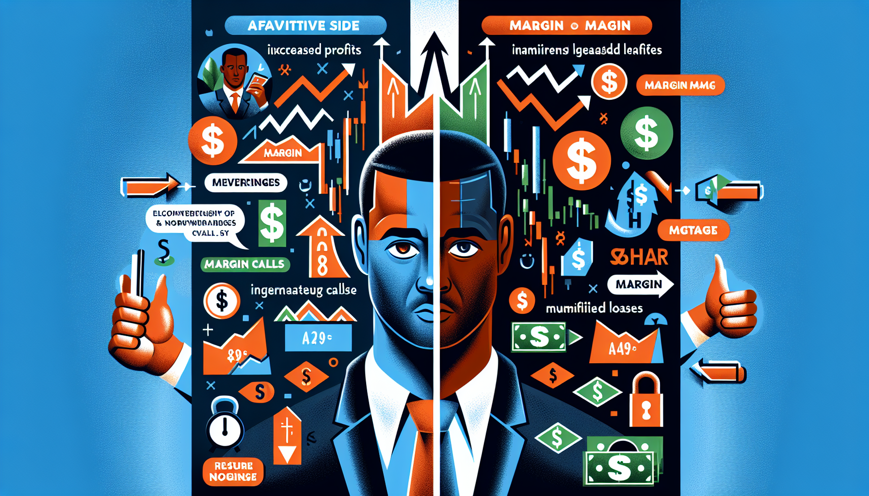 Create an illustration depicting both the benefits and risks of trading on stock margin. Split the image into two sections: on the left, show a trader experiencing the advantages, such as increased gains or leverage, with elements like soaring stock charts and dollar signs. On the right, depict the trader facing the risks, such as margin calls and amplified losses, with elements like downward stock charts, warning signs, and a stressed expression. Use a clear, visual contrast between the positive and negative aspects to help beginners understand both sides of trading on margin.