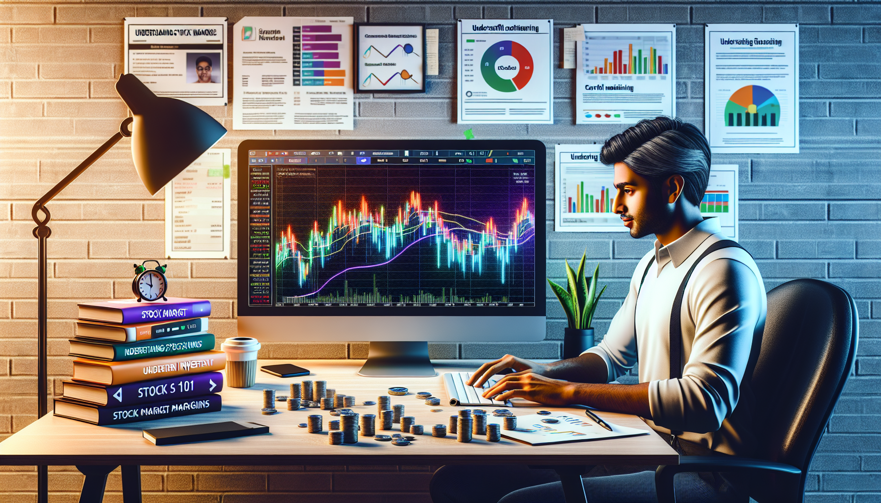 Prompt for DALL-E:

Create an image of a beginner investor looking at a computer screen with stock charts. They have a small initial investment, which is visually highlighted. The scene should include elements of careful monitoring, such as notifications on the screen, and educational materials like books and articles labeled 